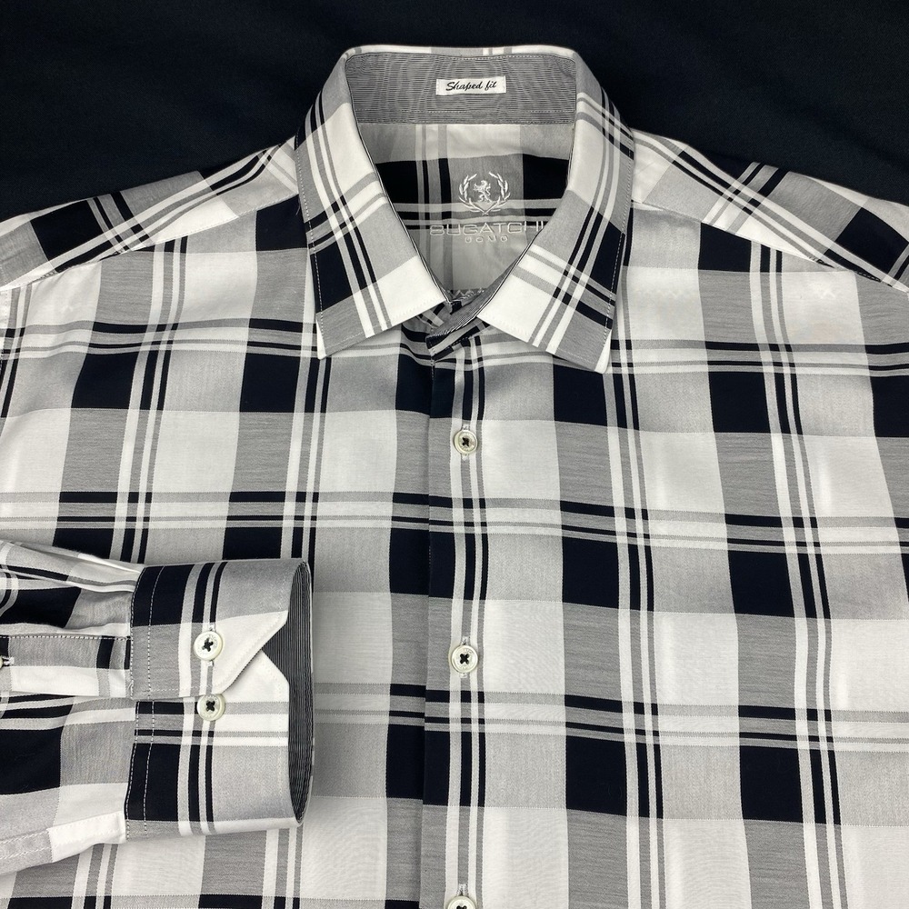 Bugatchi Uomo Dress Shirt Mens XL Black/White Plaid Shaped Fit Flip Cuffs